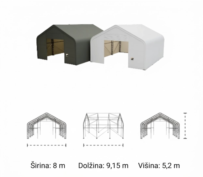 8 m x 9,15 m x 5,2 m