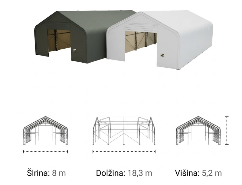 8 m x 18,3 m x 5,2 m